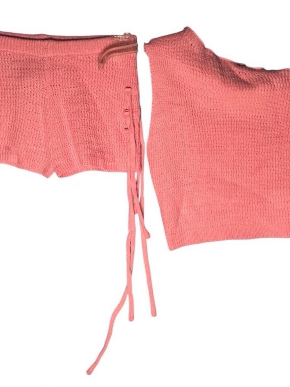 Shorts and top set Soft pink knit crochet size Medium. Top is off shoulder, Cute
